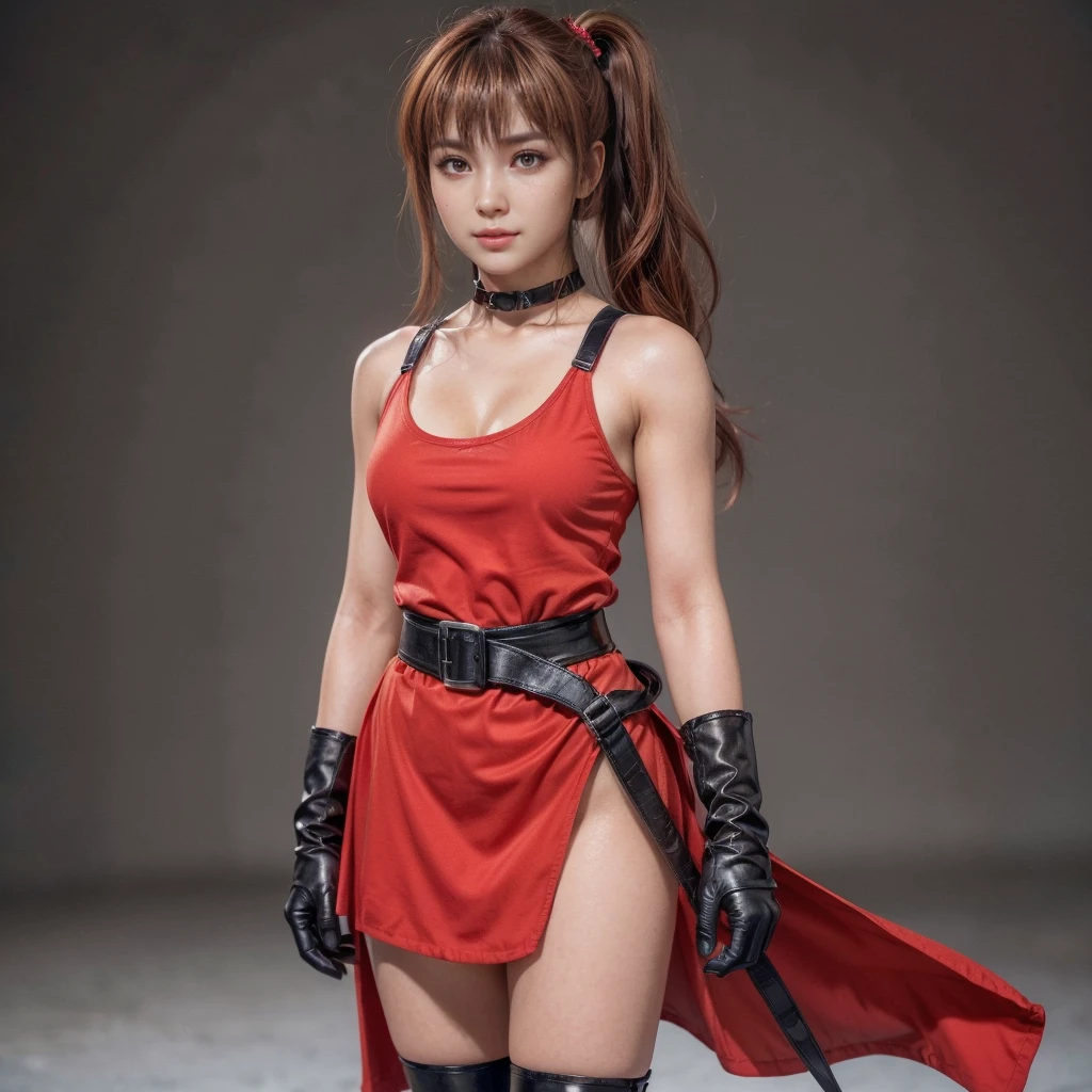 kasumi, eyes browns, (best qualityer, ultra detail), (realisitic:1.37), beautiful and detailed face, ultra-realisitic texture, Exquisite face, Delicate body, red lipgloss stick, shiny colors. High definition, 8k, expression a slight cute smile.