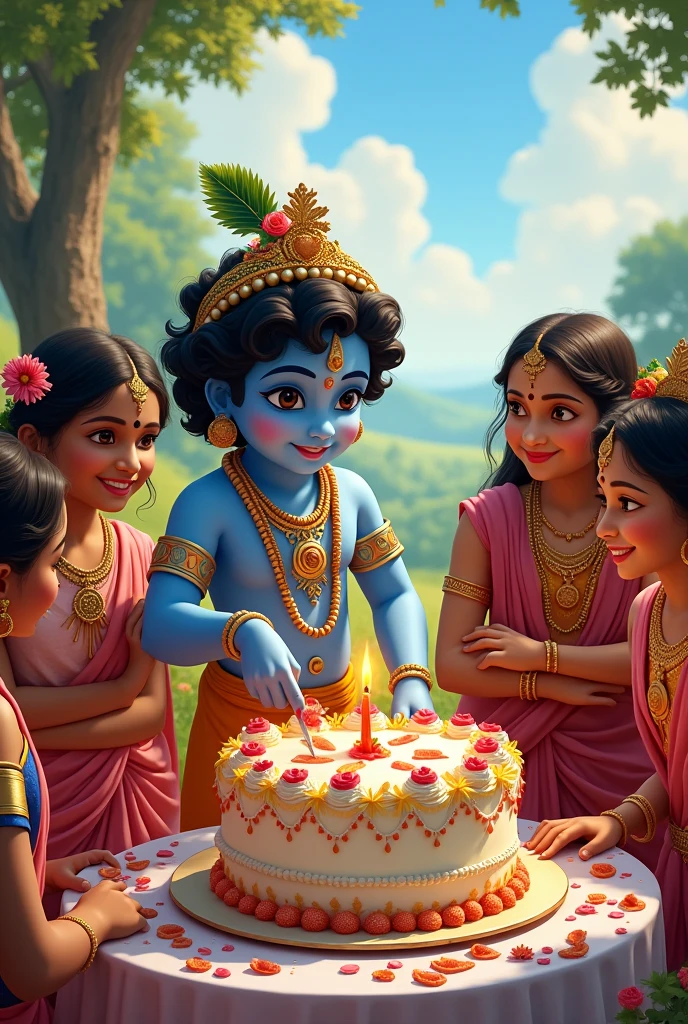 Lord Krishna cutting his birthday cake with his friends