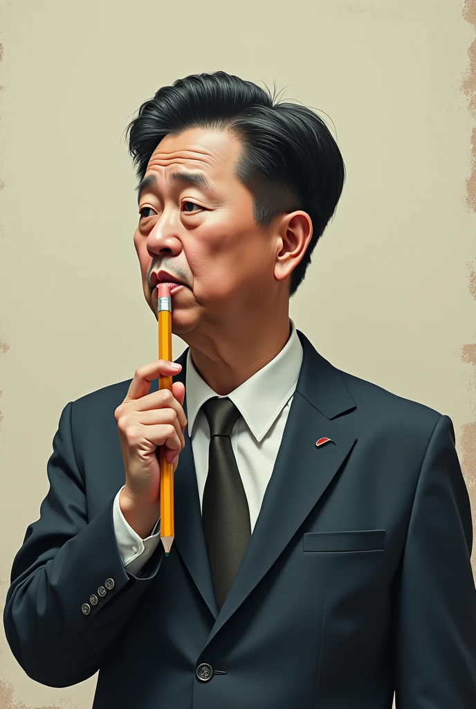 The president of Korea sucking on a pencil 


