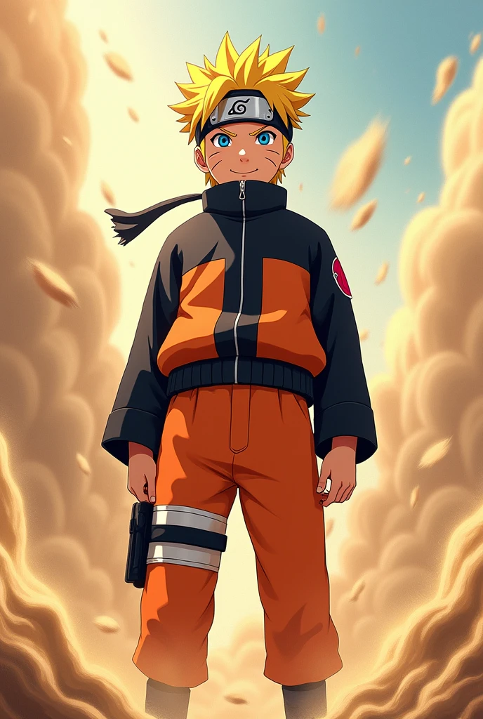 blonde_hair, blue_eyes, uzumaki_naruto, male_focus, 1boy, smile, facial_mark, whisker_markings, looking_at_viewer, solo, sand, long_sleeves