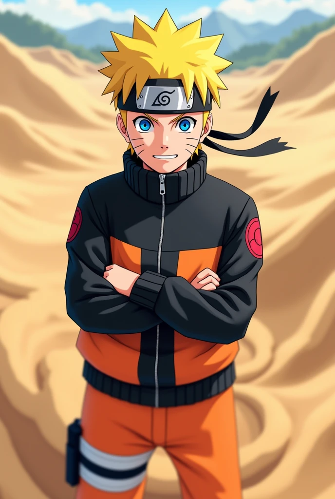 blonde_hair, blue_eyes, uzumaki_naruto, male_focus, 1boy, smile, facial_mark, whisker_markings, looking_at_viewer, solo, sand, long_sleeves