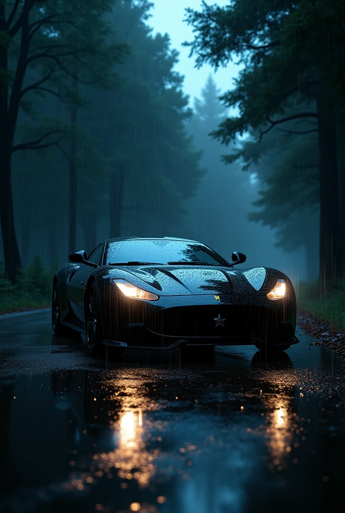 A ganster car night with rain packed on a dark forest 