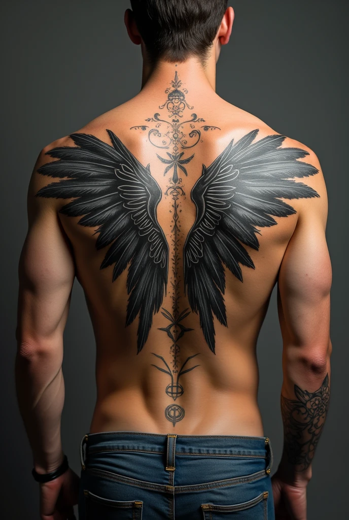 2 pair Wings tatoo with time, rune words for man

