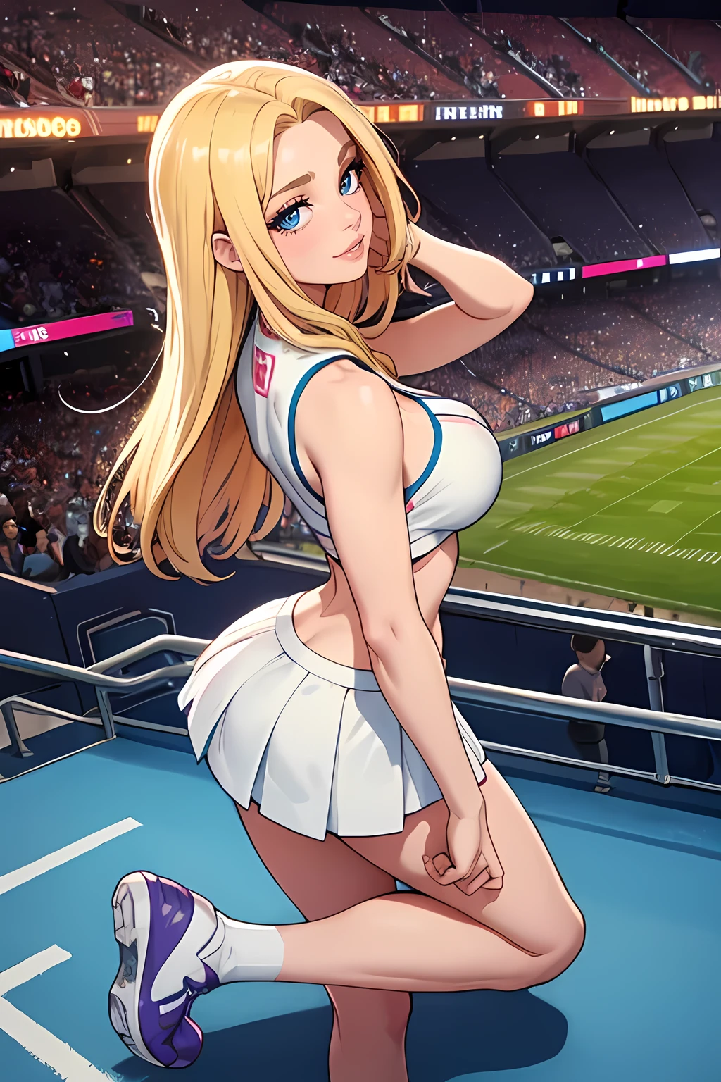 one girl, ((full body)), solo, 1 blonde beauty, pale blue eyes, carefree demeanor, delicate frame, long blonde hair cascades down her back, her hair framing her heart-shaped face, eyes hold a sparkle of excitement, wonderful smile, (perfect anatomy), perfect hands, perfect face, white Cheerleader crop top, cleavage, cheerleader skirt, seductive pose (cinematic lighting, perfect lighting), (vivid colors), very detailed. very high resolution, sunset, realism, football field, stadium 