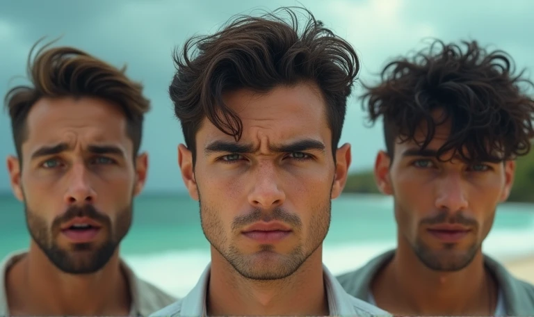 [((highly detailed, detailed eyes, detailed face, clear and realistic facial features, photorealistic, realistic light, cinematic, close up)), ((((3 men)))), (((each man looks unique))), (((each man has a different natural hair color))), ((((each man has different facial features)))), (((((each man has a different ethnicity)))), ((((sexy male college-age jocks standing on the beach and looking angry or frustrated)))), ((wearing casual clothes)), ((beautiful deserted tropical island with a storm in background))]