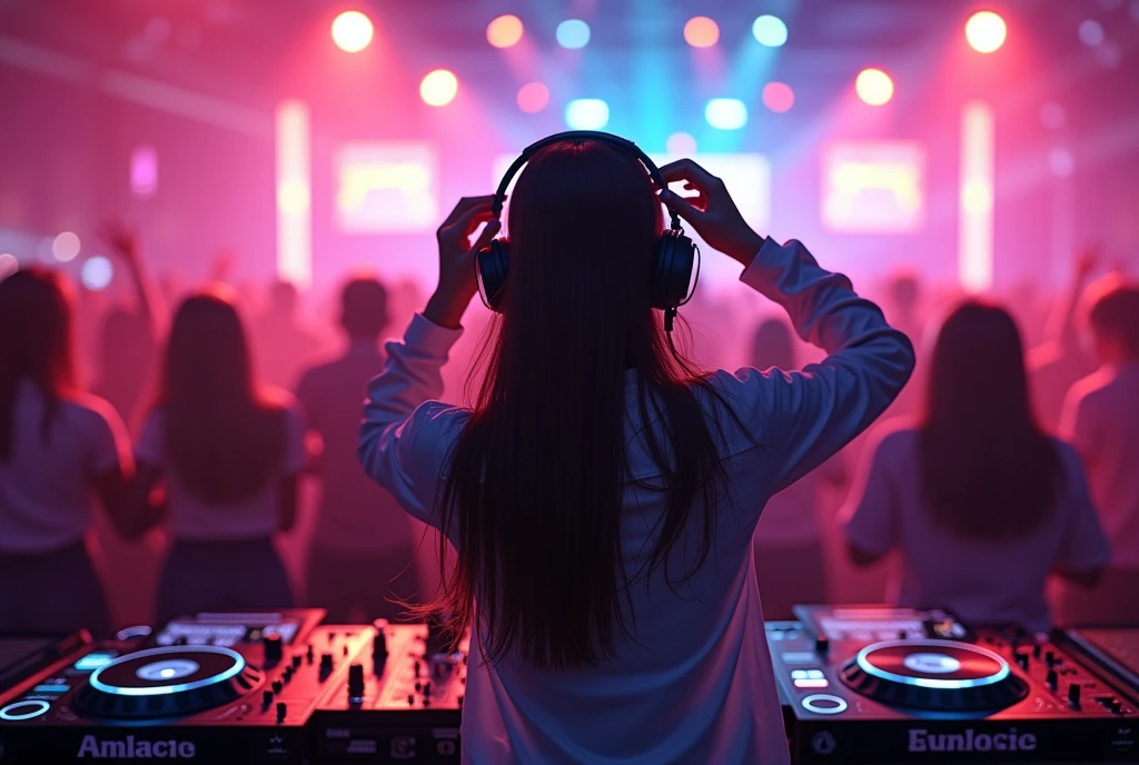 Club house, party, playing the best groove music, attractive and kawaii long-haired young club DJ Japanese woman. She is a genius who pleases the surroundings with headphones and is very exciting. Ultra-realistic photo with her as the focus, motion blur, high resolution, high quality, masterpiece.