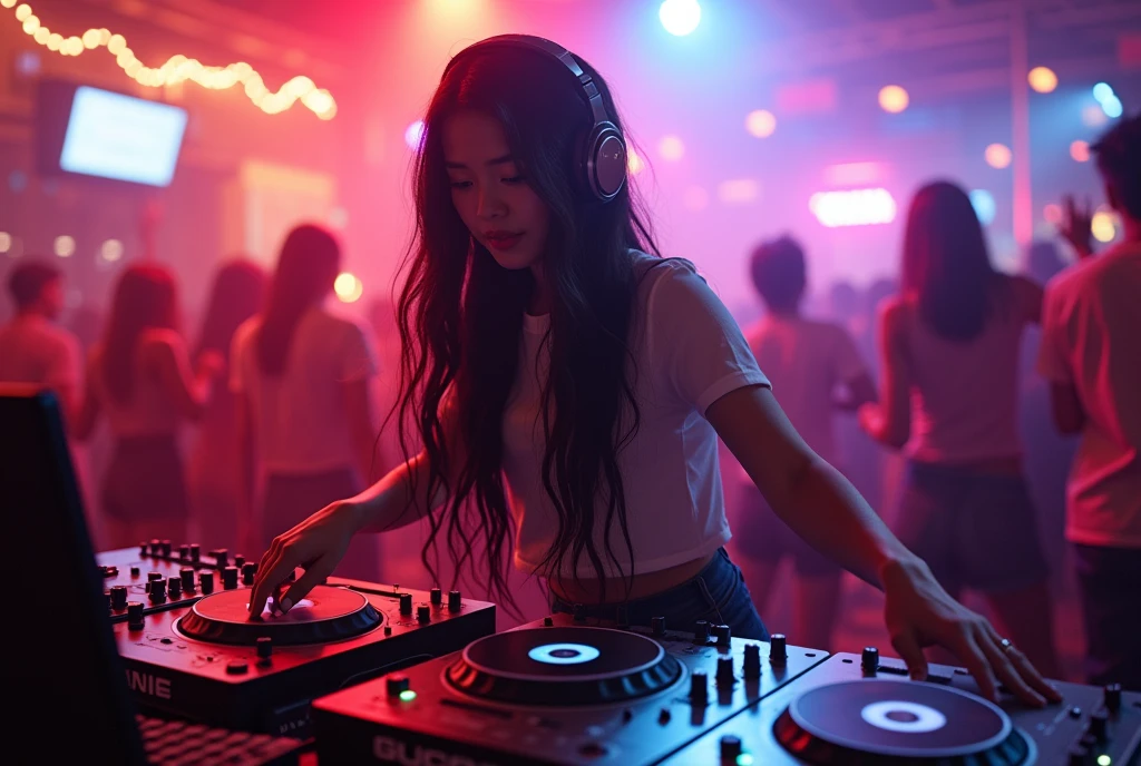Club house, party, playing the best groove music, attractive and kawaii long-haired young club DJ Japanese woman. She is a genius who pleases the surroundings with headphones and is very exciting. Ultra-realistic photo with her as the focus, motion blur, high resolution, high quality, masterpiece.
