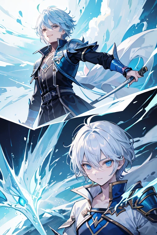 A quiet boy who controls ice and lightning, uses a katana and has a wolf and a small dragon with him. He is calm with a kind and cheerful smile. Everyone loves him. He is mysterious and handsome.