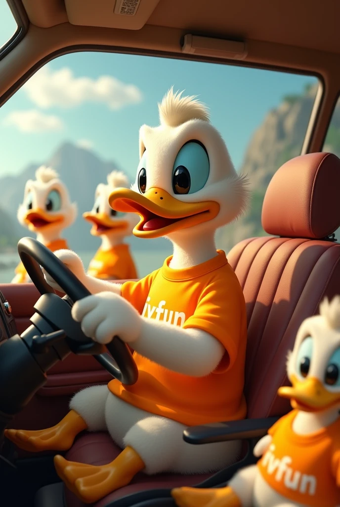 "Imagine a Scrooge McDuck-style duck enjoying a joyful family car ride. The duck is seated in the driver's seat, dressed in a bright IVFun t-shirt, with the entire family of ducks in the car also wearing matching IVFun shirts. The car’s interior is detailed, with visible elements like the dashboard, steering wheel, and seats.
The scene is captured from an angled view inside the car, showing the duck at the wheel and the family members in the backseat. Everyone’s faces are lit up with smiles and laughter, reflecting a fun and happy atmosphere. The background outside the car windows is a blur of scenic views, emphasizing the sense of a delightful journey. The overall mood is cheerful and vibrant, with everyone enjoying the ride and celebrating together." 8k