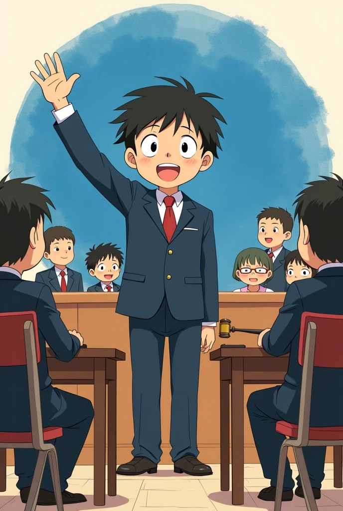 Hello, I want a picture of a tender Lawyer man, young, Happy and smiling,with big eyes and short hair, Studio Ghibli themed. In the background there is a blue circular watercolor, The judge at his table in the background and a text above that says Lawyer. More animated in Ghibli drawing format that is very accurate and with a full body suit, and now he is next to his client who is sitting, and he is standing there raising his hand arguing about his defense before the judge, full body inside the court with 5 additional people listening and the judge with his gavel