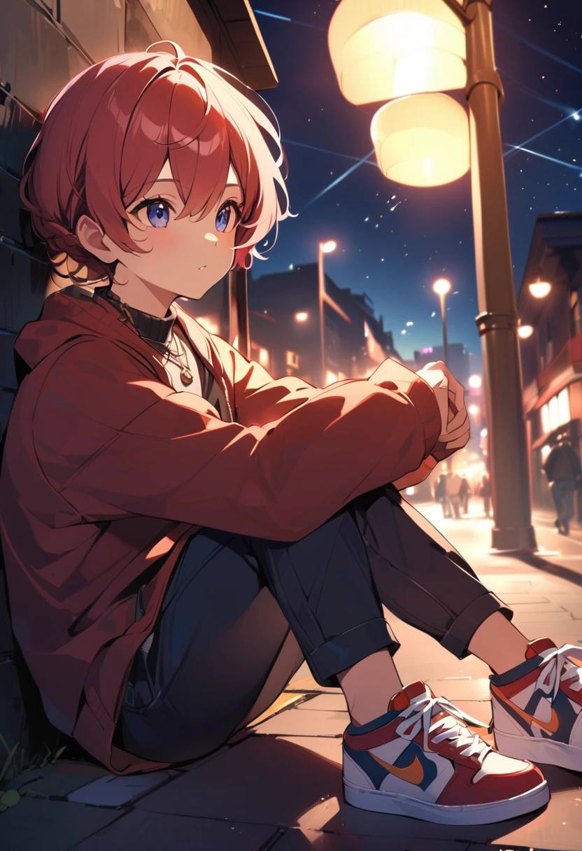 a young boy,dressed in casual clothes,wear sneakers,with necklace,sit under a street lamp,night,Look up and count the stars in the sky,people々close-up of,ultra high resolution