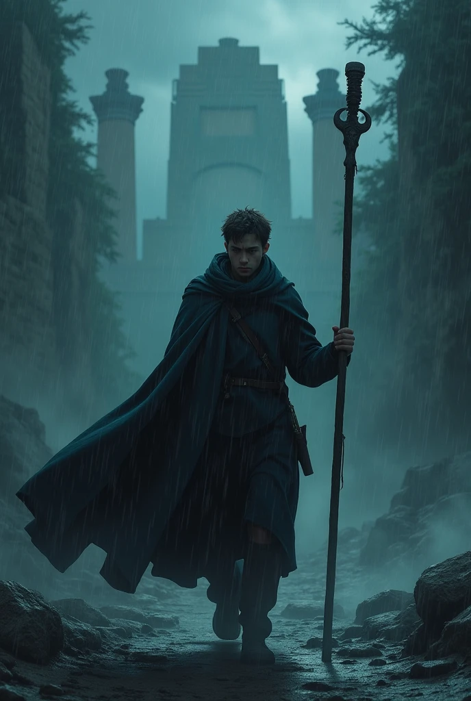 A inteligent yung man, wrapped in a cloak and carrying a staff, makes their way through the stormy night towards the ruins. Their face shows a mix of determination and apprehension