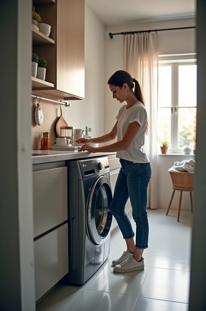 a woman used the LG 12kg Smart VC4 CV5012WC4 washer and dryer with. text "Lava e Seca LG 12kg Smart VC4 CV5012WC4”