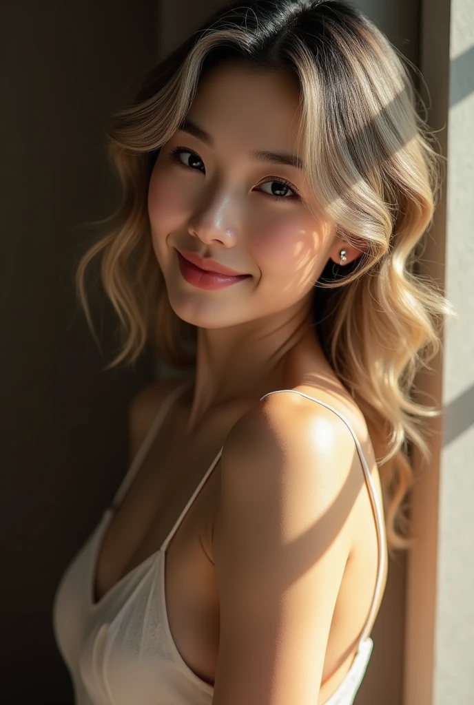 ((40 years old)),Japanese、((nude))、Light-colored hair、Round eyes、Light wavy hair, correct、Striped Hair、Dark blue hair、Gradient Hair、Asymmetrical hair、Hair behind the ear、Crossed bangs、Long Hair、とてもLong Hair、Hair up on one side、((お尻までLong Hair))、、Ring Eye、Round eyes、A light smile、Cast a Shadow、Backlight、Exposure,Very detailed、Highest quality、超High resolution、Very detailed、Very realistic, masterpiece、Textured skin、Awards、High resolution、16K, Hair folder、A light smile、Redness in the ears、correct、Cast a Shadow、Subjective、Shine、360° View、解剖学的にcorrect、masterpiece、Textured skin、Attention to detail、Long eyelashes、A slight blush、Look forward
