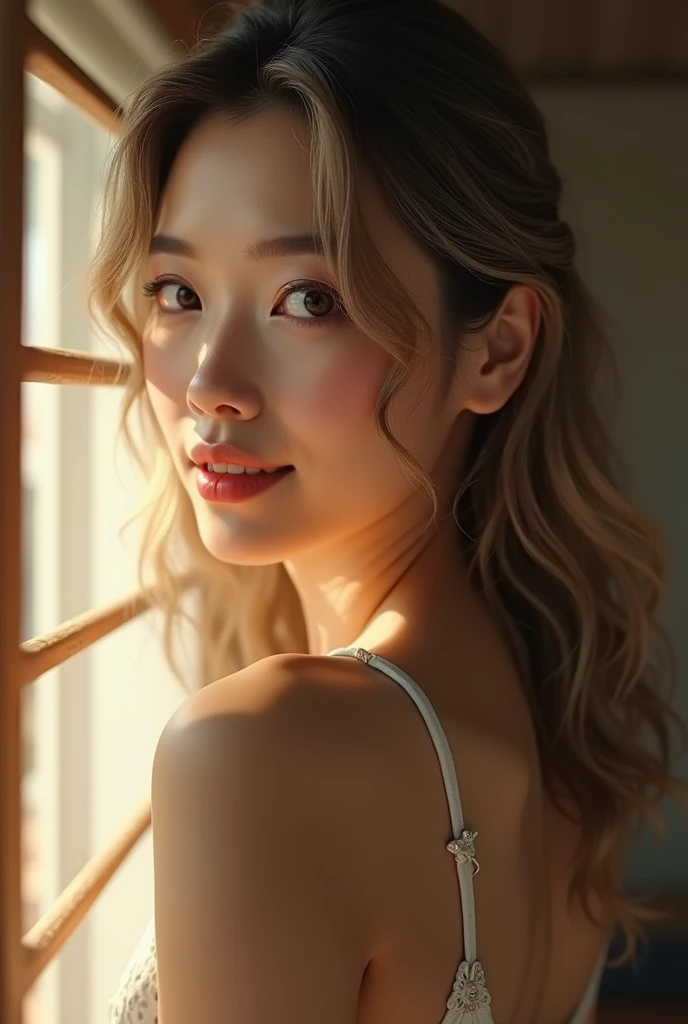 ((40 years old)),Japanese、((nude))、Light-colored hair、Round eyes、Light wavy hair, correct、Striped Hair、Dark blue hair、Gradient Hair、Asymmetrical hair、Hair behind the ear、Crossed bangs、Long Hair、とてもLong Hair、Hair up on one side、((お尻までLong Hair))、、Ring Eye、Round eyes、A light smile、Cast a Shadow、Backlight、Exposure,Very detailed、Highest quality、超High resolution、Very detailed、Very realistic, masterpiece、Textured skin、Awards、High resolution、16K, Hair folder、A light smile、Redness in the ears、correct、Cast a Shadow、Subjective、Shine、360° View、解剖学的にcorrect、masterpiece、Textured skin、Attention to detail、Long eyelashes、A slight blush、Look forward