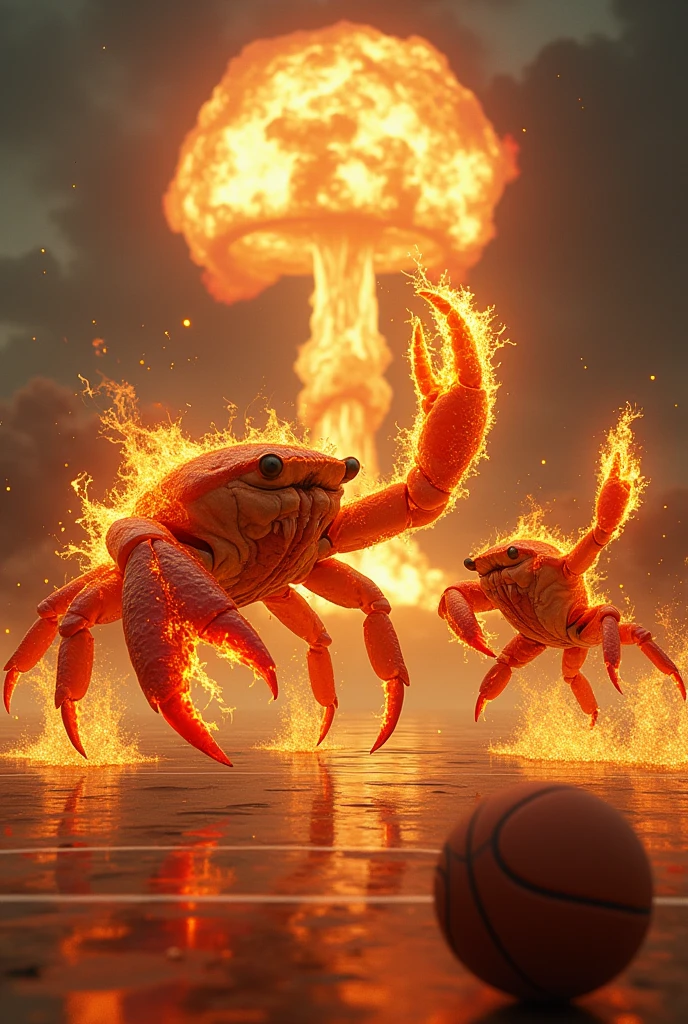 A crab scoring a basketball while he and the ball are on fire then a shrimp tries to stop him from scoring, Jesus Christ encourages the crab from the bottom while a nuclear bomb falls in the distance