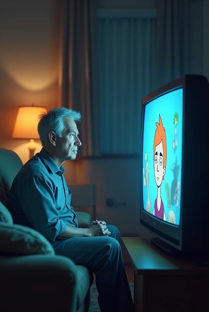 Serious adult person on the sofa watching a cartoon on TV and focusing on the TV in front