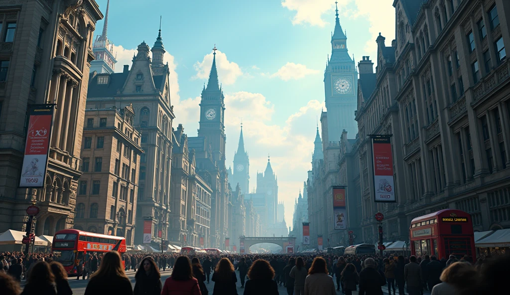 cinematic shot of the chaotic daytime cityscape of London, blue sky, dramatic lighting, cinematic composition, epic scale, detailed architecture, busy streets, crowds of people, vibrant colors, photorealistic, (best quality,4k,8k,highres,masterpiece:1.2),ultra-detailed,(realistic,photorealistic,photo-realistic:1.37)
