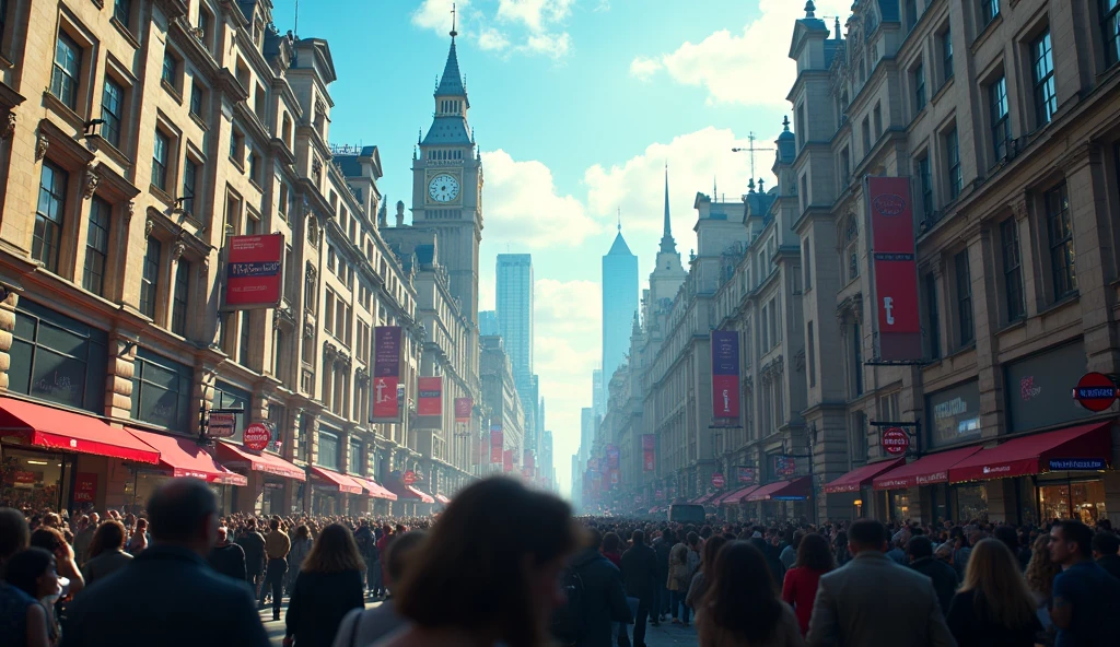 cinematic shot of the chaotic daytime cityscape of London, blue sky, dramatic lighting, cinematic composition, epic scale, detailed architecture, busy streets, crowds of people, vibrant colors, photorealistic, (best quality,4k,8k,highres,masterpiece:1.2),ultra-detailed,(realistic,photorealistic,photo-realistic:1.37)