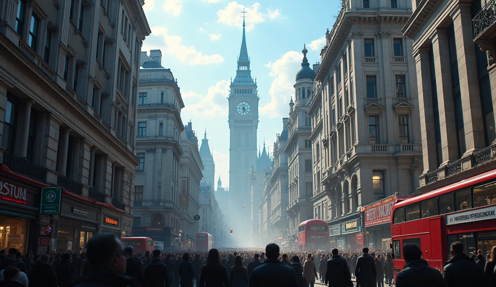 cinematic shot of the chaotic daytime cityscape of London, blue sky, dramatic lighting, cinematic composition, epic scale, detailed architecture, busy streets, crowds of people, vibrant colors, photorealistic, (best quality,4k,8k,highres,masterpiece:1.2),ultra-detailed,(realistic,photorealistic,photo-realistic:1.37)