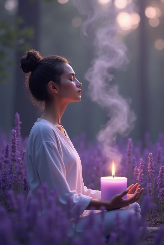 A person meditating in a serene environment with lavender essential oil, showing its use in meditation