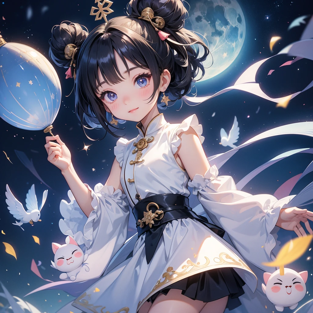 A chibi child girl had a small face and Wearing white little Taoist priest's outfit. A pair of big round eyes shone with curiosity about him. This child was so cute, Background is a dark night, with moonlight and millions of stars, twinkling everywhere, with blue light
her hair is black with two buns on her hair.small chibi, chibi baby, smiling ,Chibi.