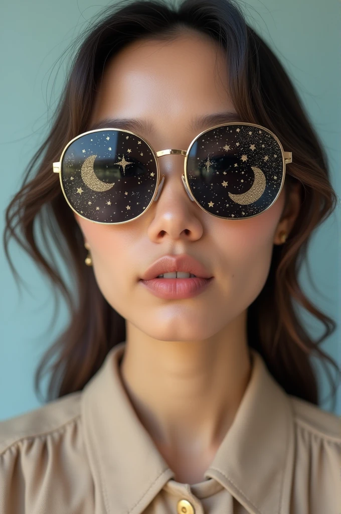 The model is wearing glass sunglasses with stars and the moon on the glass