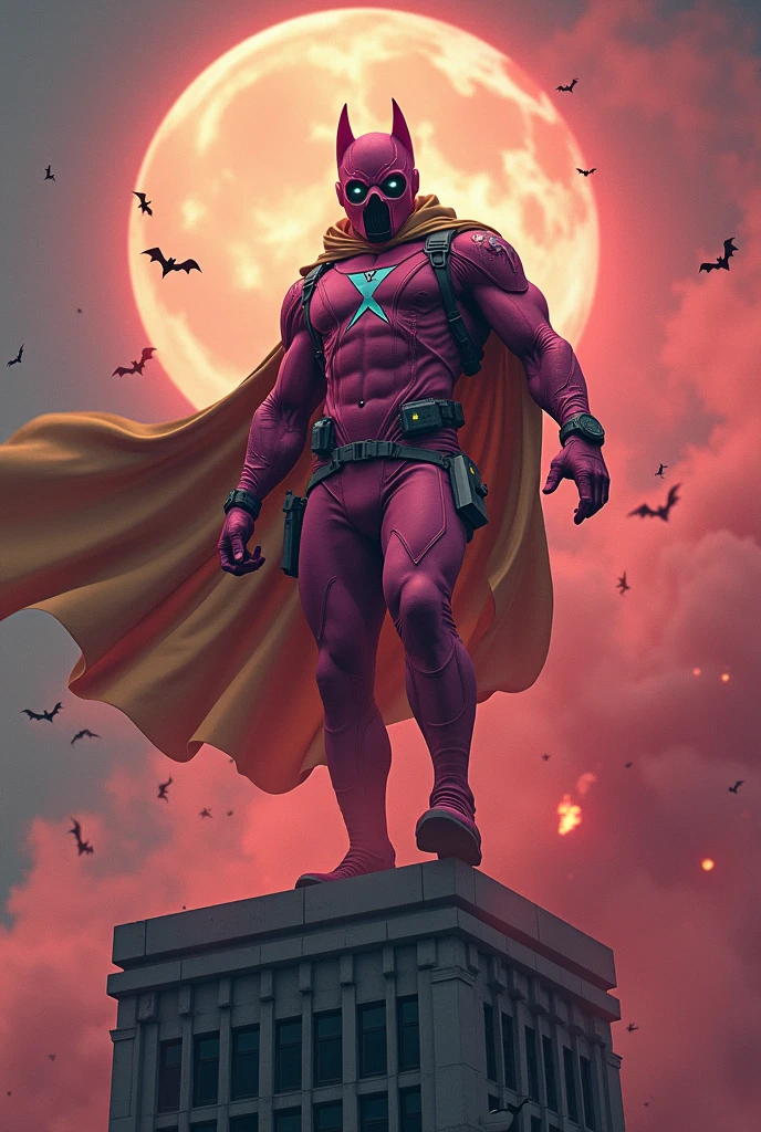 Malaysia man in high-tech suit, vivid effects, malaysian superhero (KELUANG MAN)(( in a jumpsuit pink and brown beige costume cyberpunk design))((, mask small mini bat ear beige,)) daredevil beige mask, jumpsuit dark pink stands confidently in a dramatic.jumping from high place.hero costume.one hand rise up. (Big triangle logo on the chest.high detail Punisher logo on the chest)). Fighting pose , stormy landscape. ((Head covered node guard like batman. Running pose , athletic body type, small mini ear bat mask))The character wears domino mask a helmet with pointed mini torn ears and a flowing cape biege, open nose and mouth. Equipped with visible futuristic weapons on a belt,bullet proof jacket pink dark day.show fingers pose, dark night, big supermoon effect . Small logo on chest triangle shape small punisher logo center triangle cyber logo center on chest pink logo mini logo . rocky. Building top.smoke ground , bomb effect background, losse pants, losses costume.adding to --ar 3:4 --style raw --stylize 500 --v 6.1. chaos. Lot of small flying bat. One leg on the high stone. Man. Backpack . Real man age 40 year old. One hand holding belt.one hand holding black rope hanging on building