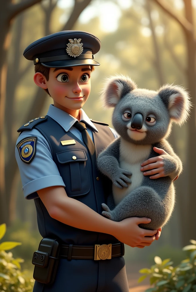 a koala being arrested by a police officer