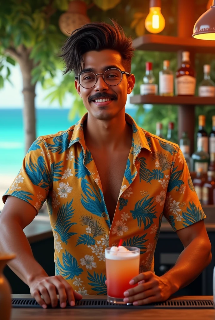 Young, slightly muscular, mixed-race bartender with a mustache and Hawaiian shirt