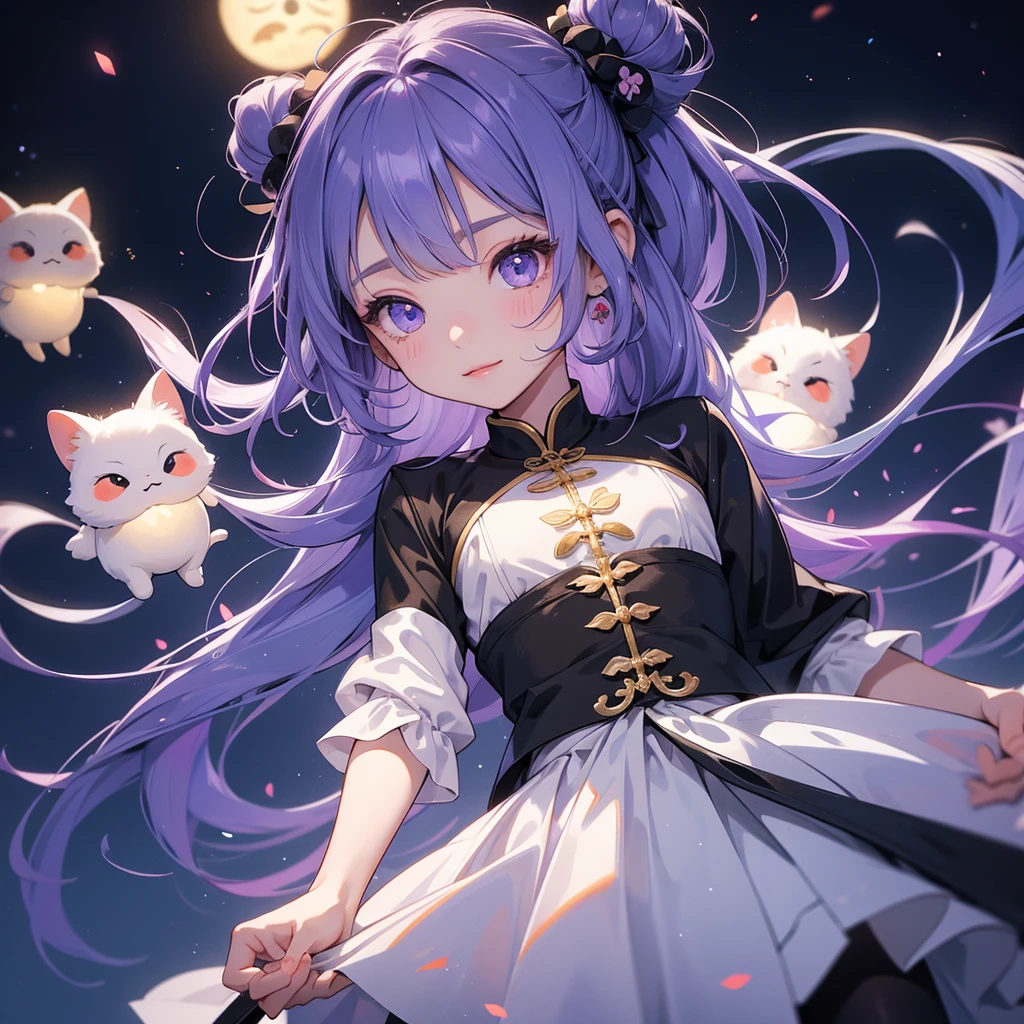 A chibi child girl had a small face and Wearing white little Taoist priest's outfit. A pair of big round eyes shone with curiosity about him. This child was so cute, Background is a dark moonless night, with dry trees in the background, and purple glowing light
her hair is black with two buns on her hair.small chibi, chibi baby, smiling ,Chibi.