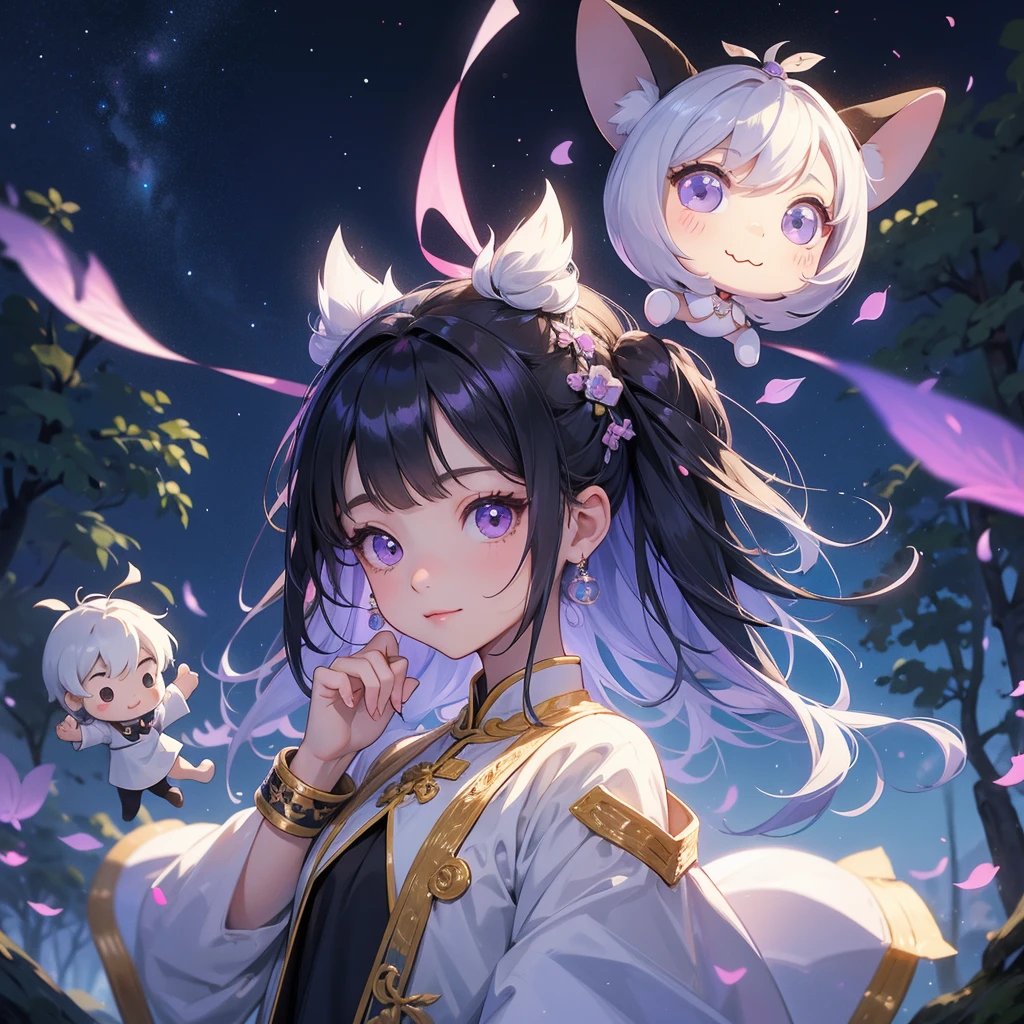 A chibi child girl had a small face and Wearing white little Taoist priest's outfit. A pair of big round eyes shone with curiosity about him. This child was so cute, Background is a dark moonless night, with dry trees in the background, and purple glowing light
her hair is black with two buns on her hair.small chibi, chibi baby, smiling ,Chibi.