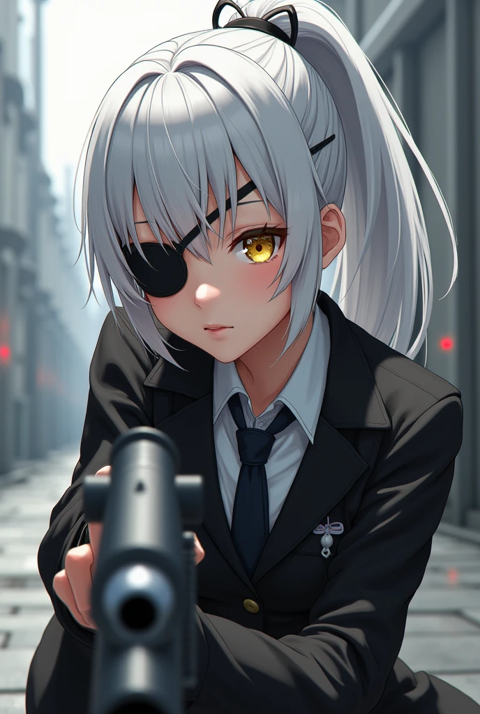 Medium height White ponytail anime girl Determine yellow eye color with black eye patch wearing black school uniform while holding an MG prone