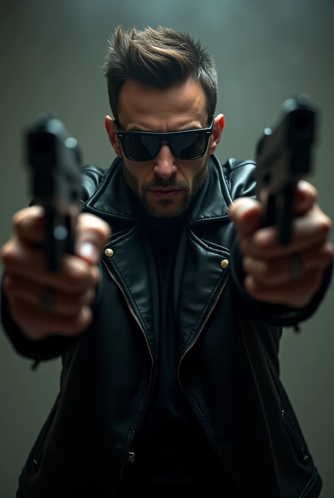 A man with sunglasses and wearing a black leather jacket holding a one gun  from both hand only half photo 