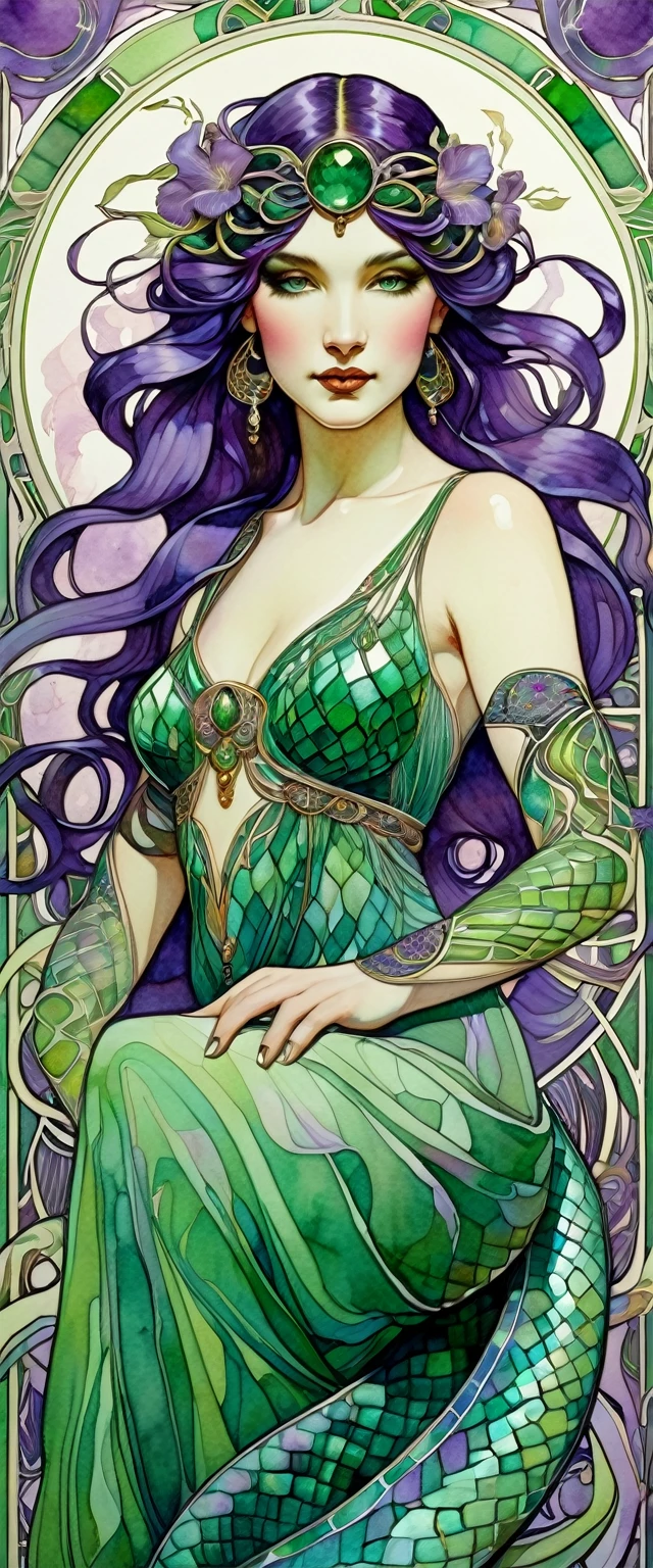 Art Nouveau portrait, Art Nouveau portrait, surrounded by intricate patterns, in ink and watercolour, beautiful woman, chameleon goddess, amethyst personified, sensual pose, calm pensive gaze. The goddess's dress echoes the colour of purple irises, inspired by Alphonse Mucha.beautiful girl, emerald goddess, the emerald's gaze is full of mysterious danger, the grace of a snake, the goddess's attire flows smoothly into a menacing snake's grin, the green colouring of the gemstone, inspired by Alphonse Mucha.