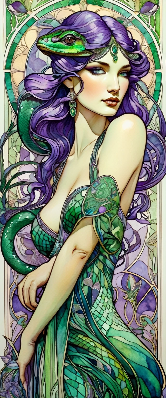 Art Nouveau portrait, Art Nouveau portrait, surrounded by intricate patterns, in ink and watercolour, beautiful woman, chameleon goddess, amethyst personified, sensual pose, calm pensive gaze. The goddess's dress echoes the colour of purple irises, inspired by Alphonse Mucha.beautiful girl, emerald goddess, the emerald's gaze is full of mysterious danger, the grace of a snake, the goddess's attire flows smoothly into a menacing snake's grin, the green colouring of the gemstone, inspired by Alphonse Mucha.