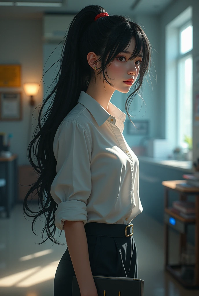 Create character named Emily, female, ponytail black hair, exchange astrophysics university student, smart and mysterious