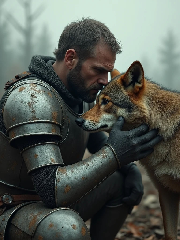 Fait une illustration Hyper-maximalisme, portrait brut, un chevalier médiéval marqué par la bataille, avec une armure éraflée et brisée, se penchant, caressant un loup mouillé et décharné, sur un champ de bataille après une guerre massive, éclairage cinématographique, textures ultra-détaillées, vray, avec des couleurs sombres.