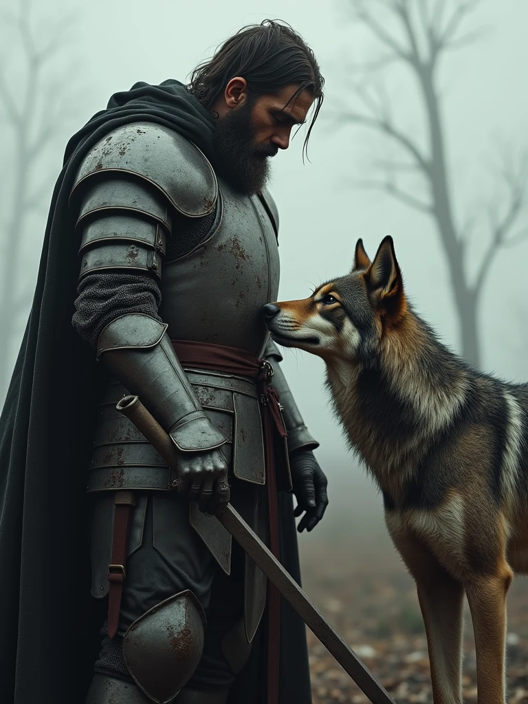 Fait une illustration Hyper-maximalisme, portrait brut, un chevalier médiéval marqué par la bataille, avec une armure éraflée et brisée, se penchant, caressant un loup mouillé et décharné, sur un champ de bataille après une guerre massive, éclairage cinématographique, textures ultra-détaillées, vray, avec des couleurs sombres.