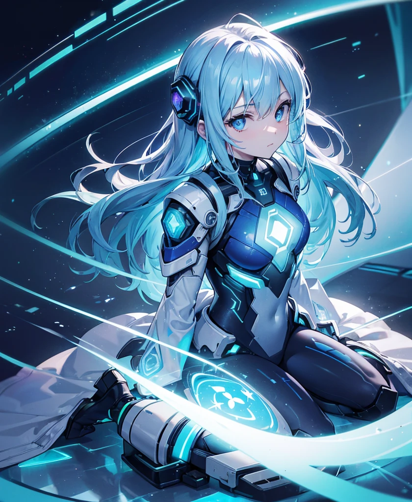 ((Holographic glow effect)),8k, Highest quality, (real:1.4), Original photo, 1 person, Asari Hair, Biological Amplifier, refined armor, posture: Peace talks between warring factions, smart blue eyes,whole body