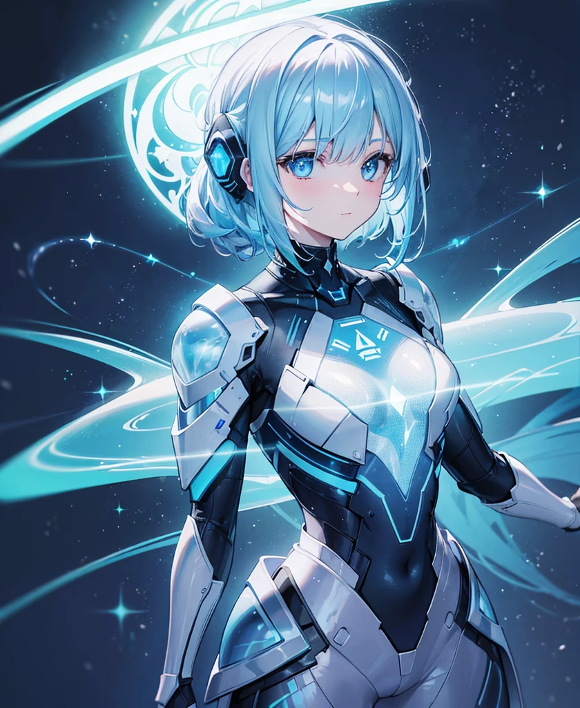 ((Holographic glow effect)),8k, Highest quality, (real:1.4), Original photo, 1 person, Asari Hair, Biological Amplifier, refined armor, posture: Peace talks between warring factions, smart blue eyes,whole body