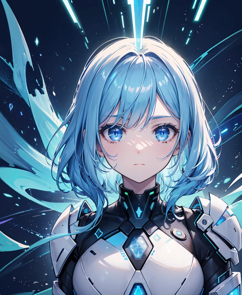 ((Holographic glow effect)),8k, Highest quality, (real:1.4), Original photo, 1 person, Asari Hair, Biological Amplifier, refined armor, posture: Peace talks between warring factions, smart blue eyes,whole body