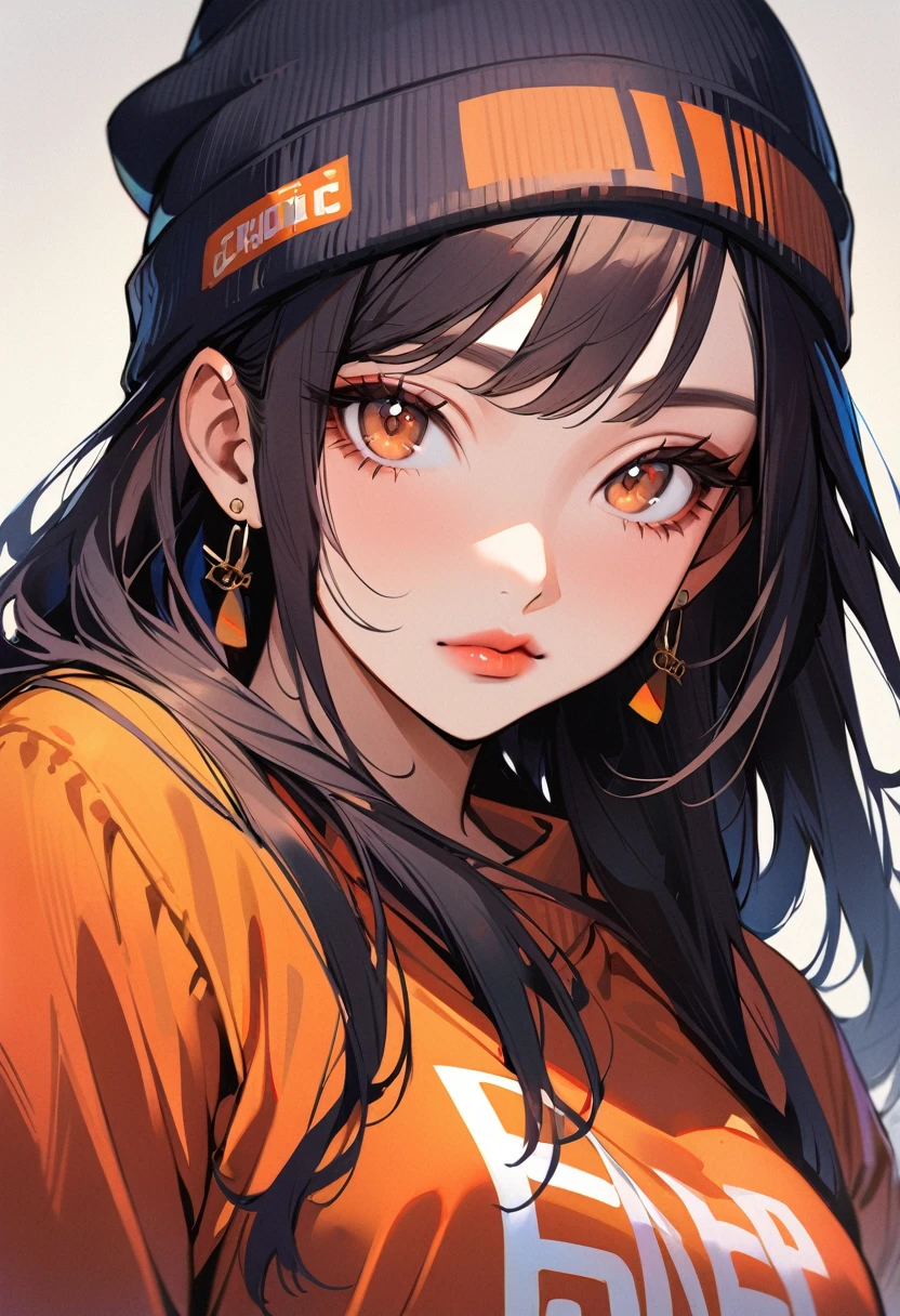 1girl, solo, long hair, black hair, clothes writing, brown eyes, looking at viewer, beanie, lips, upper body, closed mouth, shirt, earrings