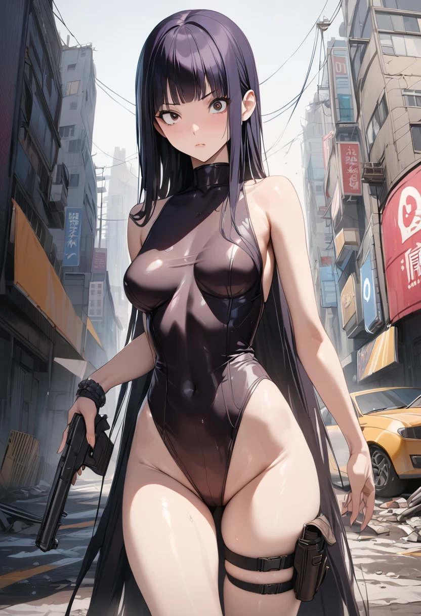 Action Scenes、((masterpiece,best quality anime,Highest quality:1.3)),realistic,cowboy shot,1woman,独奏,(30 year old beauty),((very small head:1.4)),((very long body:1.4)),(dark blue hair),straight long hair,(gorgeous big eyes),black eyes,Serious expression,((slender body:1.4,skinny)),medium breasts,dark blue turtleneck sleeveless,leotard,Leg Holster,oily skin:1.2,gleaming skin,shiny skin, (holding handgun)、standing,on road,Ruined city、Collapsed Buildings、Cyberpunk World、