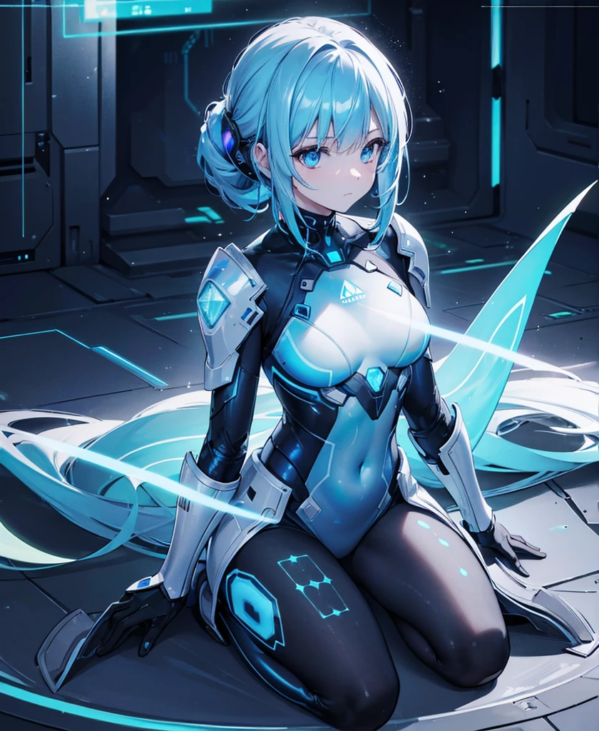 ((Holographic glow effect)),8k, Highest quality, (real:1.4), Original photo, 1 person, Asari Hair, Biological Amplifier, refined armor, posture: Peace talks between warring factions, smart blue eyes,whole body