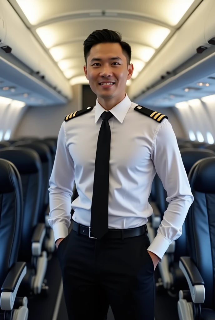 a picture of a male cabin crew member of Thai chinese descent, white skin standing confidently in an airplane cabin. He has sleek, middle-parted hair and is wearing a long sleeves white shirt that can see his tank top undershirt. His attire includes black pants, black tie, Black shoulder badges are visible, indicating his rank or role. He stands with both hands casually in his pockets, exuding professionalism and approachability in the cabin's aisle.