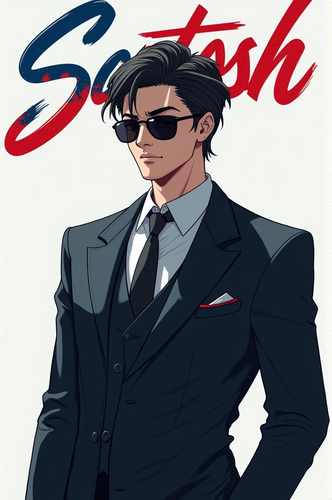 Create A Profile Picture Of An Anime Men Character Wear A Suit And Sunglasses And Cool Hairs And Top Of The Image A Word "SANTOSH"is Written In A Signature Font In Red Blue Colour.