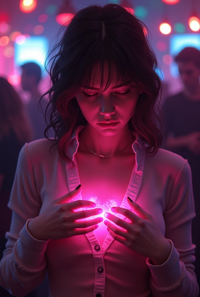 A sexy preppie girl crying in a night club. Cupping her tits in her hands. She is surrounded a pink magical aura