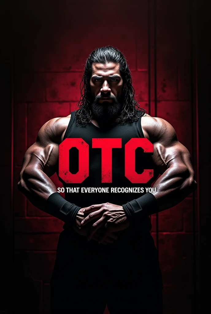 A logo for a gym in red and black with the name OTC with the phrase so that everyone recognizes you and put an image of Roman Reigns on it