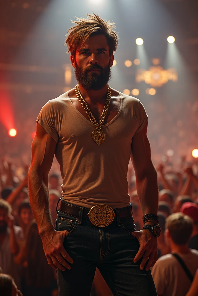 create a country singer style: Gustavo Lima, handsome, Cao Cao, beard and regua, tufty hair, light brown, wearing tight pants, tight transparent shirt and a beautiful, thick, heart-shaped gold necklace.
in the background a beautiful stage full of Lucas's fans in love with him